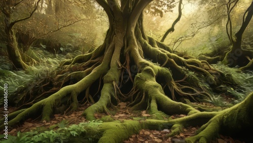 A mystical forest scene featuring a majestic tree with sprawling, moss-covered roots. Sunlight filters through the dense foliage, creating an enchanting atmosphere
