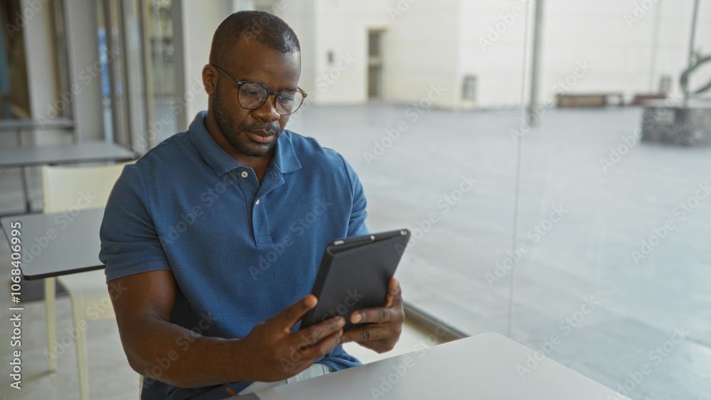 Young man in a blue shirt using a tablet in an office, focused and engaged in his work, sitting alone at a desk by a large window