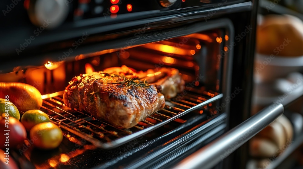 Close-up of a high-tech oven with sensor technology that measures the internal food temperature Close-up of a high-tech oven with sensor technology that measures the internal food temperature
