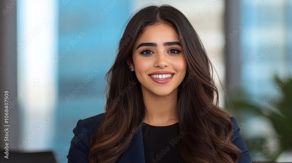 Confident Businesswoman Smiling in Office Setting Confident Businesswoman Smiling in Office Setting