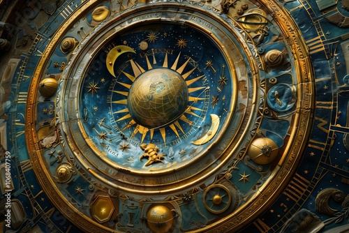 Intricate antique astronomical clock with a blue and gold color scheme is tracking celestial bodies