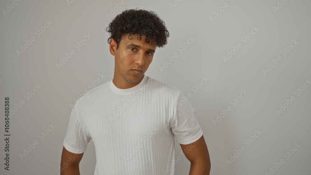 Handsome young hispanic man wearing white shirt standing isolated against plain white background Handsome young hispanic man wearing white shirt standing isolated against plain white background