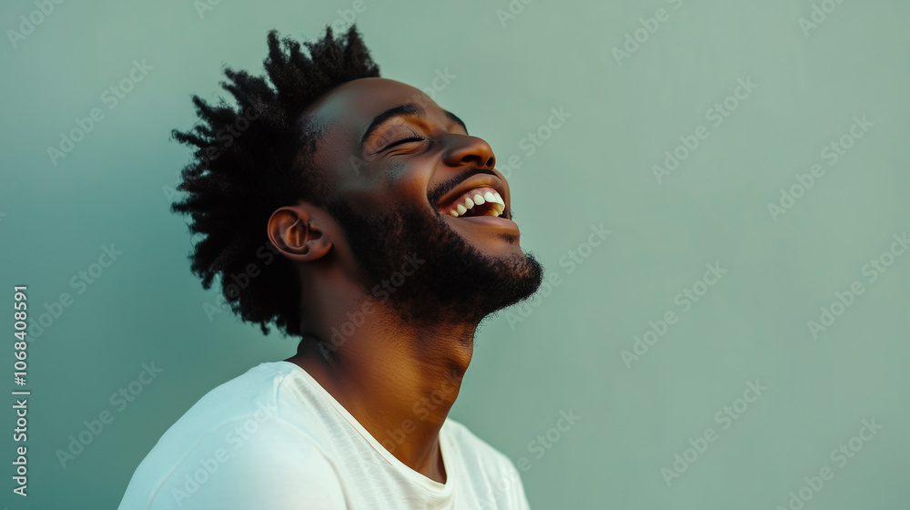 young Black man laughing joyfully with his head thrown back, basking in carefree happiness, captured in a serene setting with soft green background tones. young Black man laughing joyfully with his head thrown back, basking in carefree happiness, captured in a serene setting with soft green background tones.