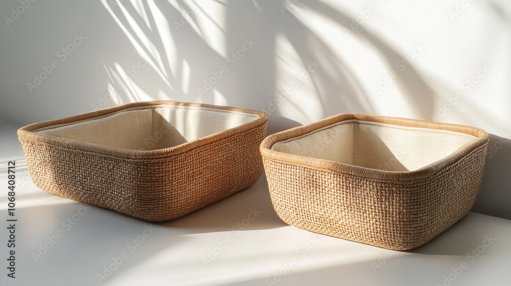 Obraz premium Two Woven Baskets on White Surface
