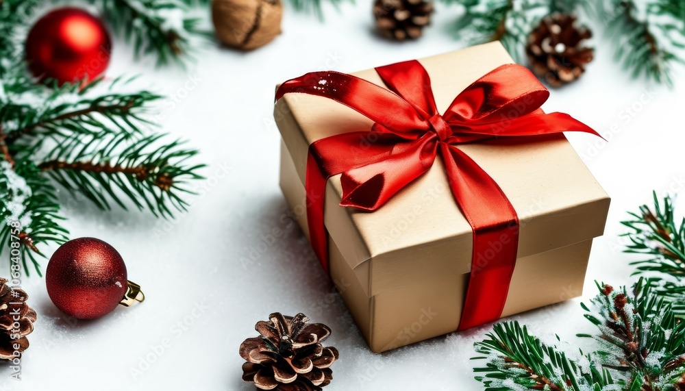 Christmas and New Year background with a gift in a ribbon and New Year decor, festive background, postcard for new year and Christmas, holiday greetings Christmas and New Year background with a gift in a ribbon and New Year decor, festive background, postcard for new year and Christmas, holiday greetings