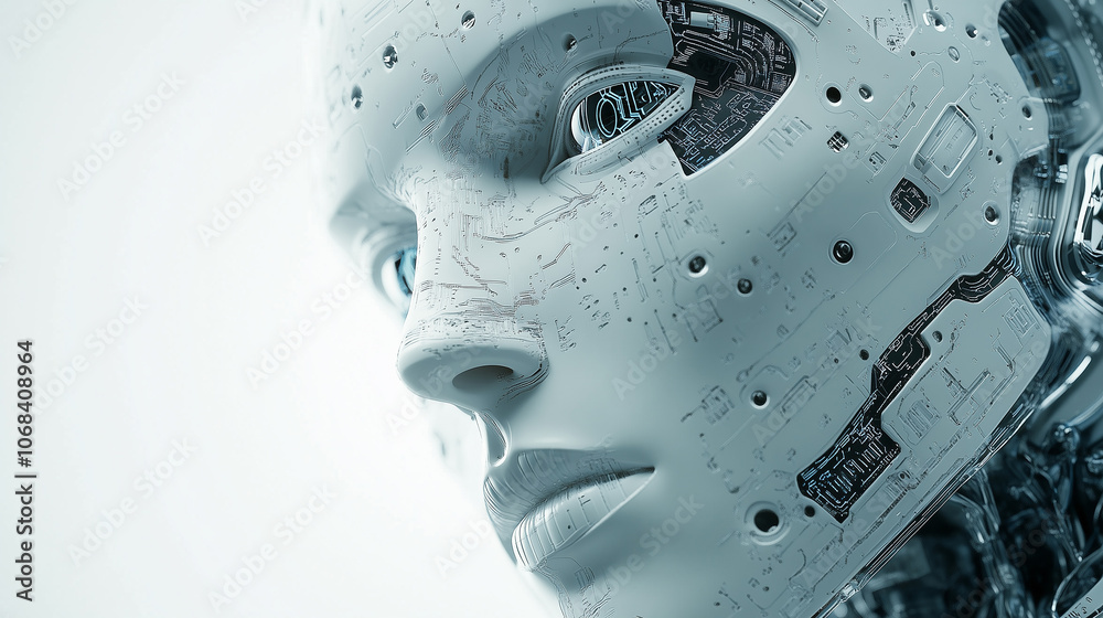 close-up of a humanoid robot's face with intricate circuitry, symbolizing advanced artificial intelligence, futuristic design, and human-machine fusion. close-up of a humanoid robot's face with intricate circuitry, symbolizing advanced artificial intelligence, futuristic design, and human-machine fusion.