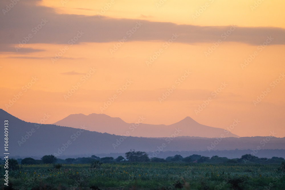 Sunset with a Meru mountain backdrop and trees. Mount Kilimanjaro, Tanzania Sunset with a Meru mountain backdrop and trees. Mount Kilimanjaro, Tanzania