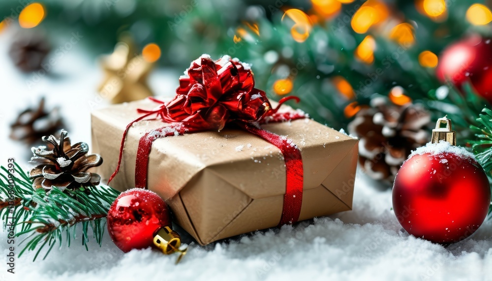 Christmas and New Year background with a gift in a ribbon and New Year decor, festive background, postcard for new year and Christmas, holiday greetings Christmas and New Year background with a gift in a ribbon and New Year decor, festive background, postcard for new year and Christmas, holiday greetings