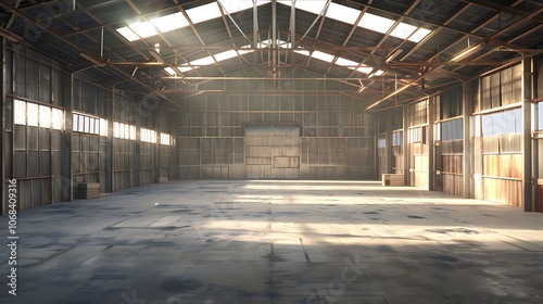 Empty old industrial warehouse with windows and flooring