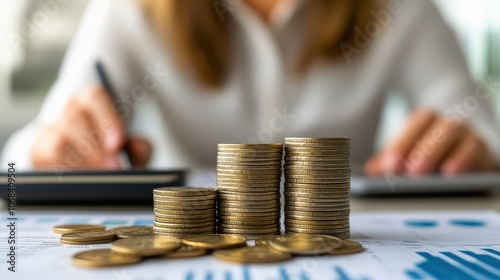 A businesswoman sitting at a desk with a stack of coins and a calculator in a financial plan