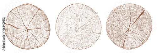 Tree wood texture. Wooden old trunk. Cut timber log. Abstract rings nature pattern. Brown circle stump. Wood cross section. Set vector illustration. EPS 10.