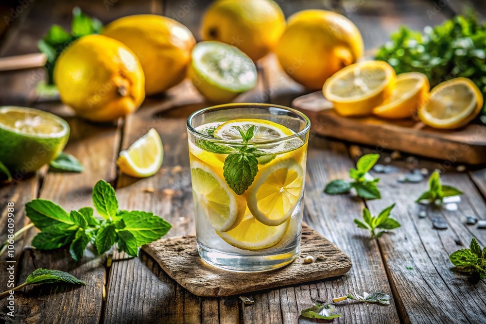 Refreshing Lemon Water on a Rustic Wooden Table: A Perfect Summer Beverage for Hydration and Wellness, Captured in a Natural Light Setting with Fresh Ingredients Refreshing Lemon Water on a Rustic Wooden Table: A Perfect Summer Beverage for Hydration and Wellness, Captured in a Natural Light Setting with Fresh Ingredients
