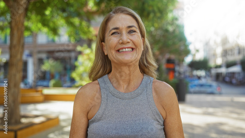 Mature woman smiling in an urban park setting with trees and buildings in the background on a sunny day.