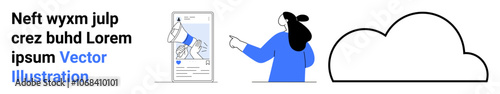 Woman pointing at a mobile app interface design, accompanied by sample placeholder text and a large cloud icon. Ideal for tech, mobile apps, cloud computing, presentations, UI UX design, marketing