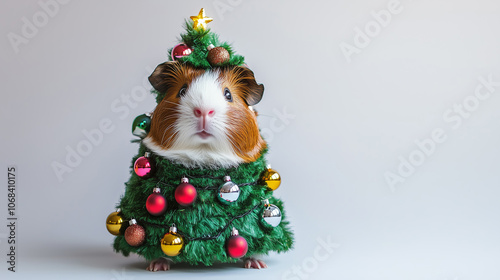 Adorable guinea pig dressed as a Christmas tree, wrapped in festive lights and surrounded by colorful ornaments, creating a charming holiday scene.