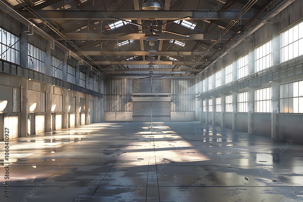 Empty old industrial warehouse with windows and flooring Empty old industrial warehouse with windows and flooring