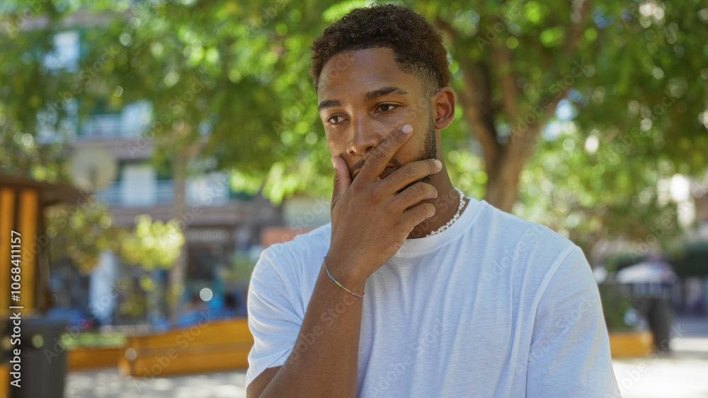 Young man with surprised expression covering mouth with hand in urban park on sunny day Young man with surprised expression covering mouth with hand in urban park on sunny day