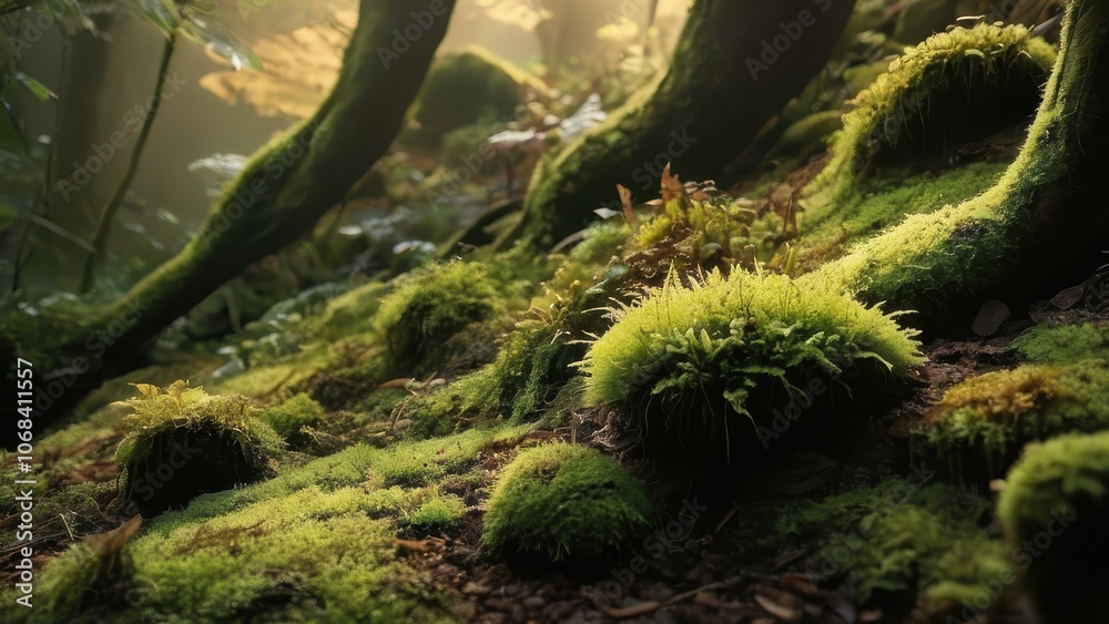 A serene forest floor, covered in vibrant green moss and illuminated by soft sunlight filtering through the trees, creating a tranquil nature scene