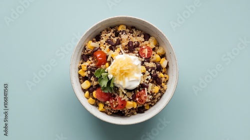 top down quinoa bowl, black beans, corn, cherry tomatoes, sour cream on pale blue surface