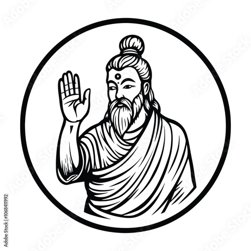 Engraved Sketch of Indian Sadhu Guru Giving Blessing in Vintage Woodcut Style
