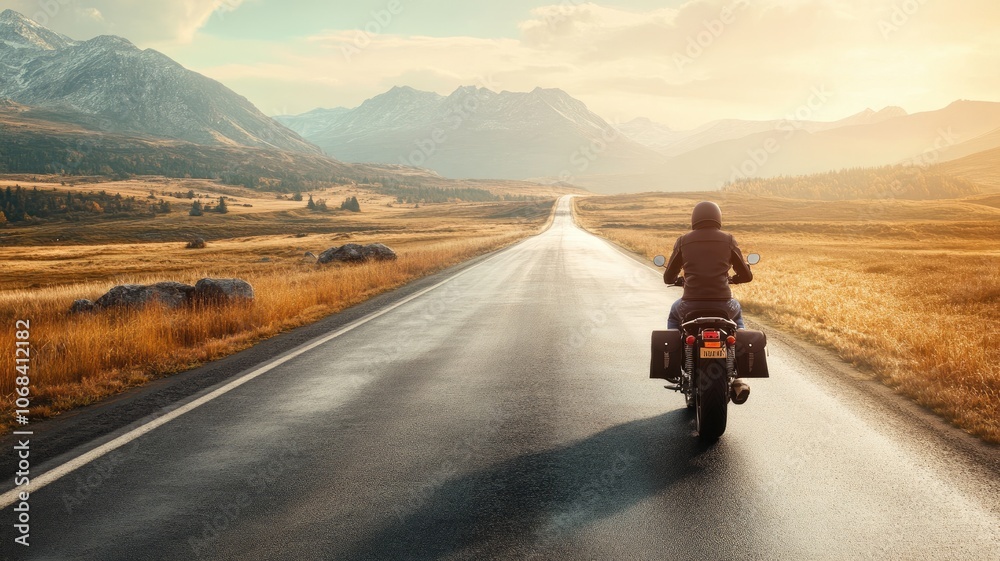 Solitary motorcycle ride on scenic open road at sunrise, with mountains in background Solitary motorcycle ride on scenic open road at sunrise, with mountains in background
