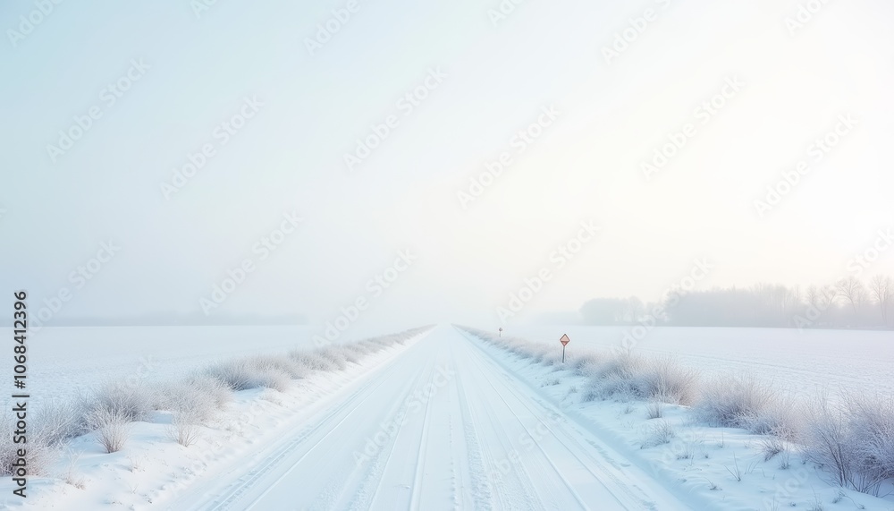 Foggy winter road disappearing into the snowy fields under soft morning light Foggy winter road disappearing into the snowy fields under soft morning light