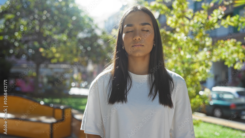 Young woman with brunette hair stands peacefully with eyes closed in an urban park, embracing the tranquil outdoor ambiance of a sunny city day. Young woman with brunette hair stands peacefully with eyes closed in an urban park, embracing the tranquil outdoor ambiance of a sunny city day.