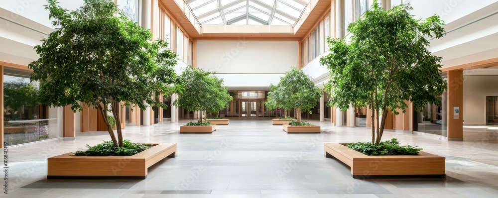 Fototapeta premium Serene indoor atrium featuring lush trees and inviting benches for relaxation and contemplation.