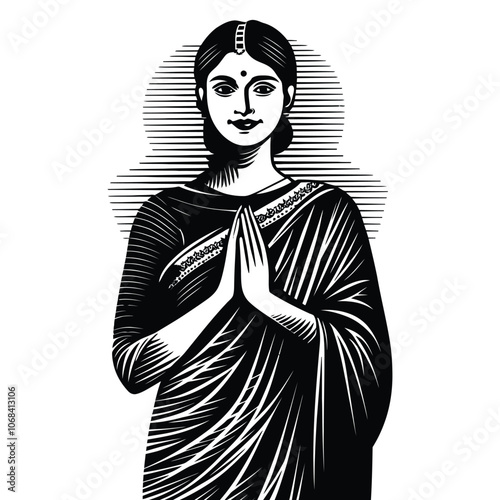 Vintage Engraved Art of Indian Woman in Namaskar Pose with Traditional Attire