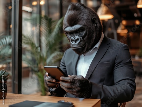 Gorilla in a suit using a smartphone, modern cafe interior, stylish setting. photo