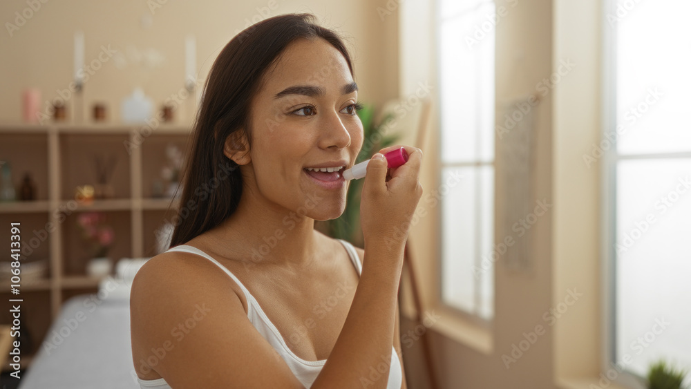 Hispanic woman applying lipstick indoors at a beauty center, highlighting her attractive and beautiful features in a relaxed spa setting. Hispanic woman applying lipstick indoors at a beauty center, highlighting her attractive and beautiful features in a relaxed spa setting.