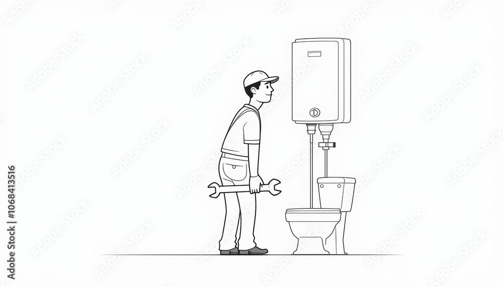 Plumber worker repairs a broken water heater in a black and white line art style illustration Plumber worker repairs a broken water heater in a black and white line art style illustration
