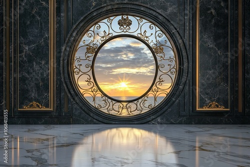 luxury circle window with metal fence carvings in a elegant dark grey and gold marble wall with a beautiful view sea sunset 