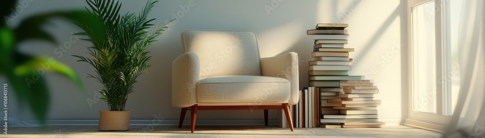 Fototapeta premium Cozy indoor reading corner featuring a plush armchair, perfect for relaxation and book lovers.