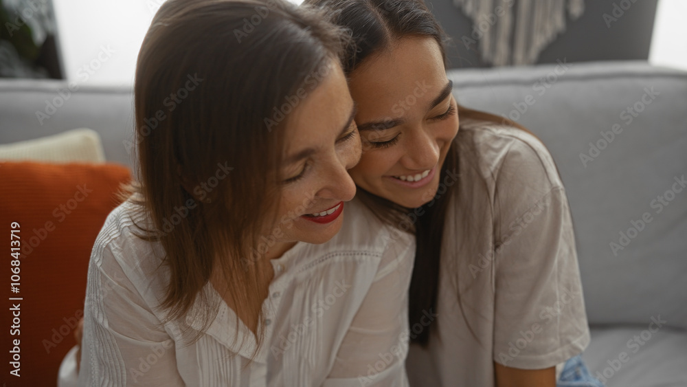 Mother and daughter sharing a loving moment together on the couch in a cozy living room, symbolizing family connection and friendship in a warm, indoor home setting. Mother and daughter sharing a loving moment together on the couch in a cozy living room, symbolizing family connection and friendship in a warm, indoor home setting.