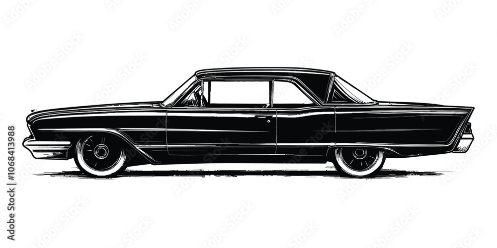 Naklejka premium Vintage Car Engraving in Classic Woodcut Style with Retro Line Art Detailing