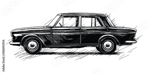 Classic Retro Car Illustration in Vintage Woodcut Style with Detailed Line Art