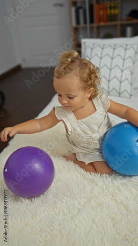 Cute toddler girl with blonde hair sitting on bed in cozy bedroom playing with colorful balls