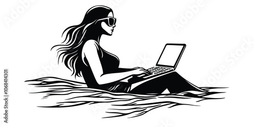 Woman Working on Laptop Outdoors in Vintage Engraved Style