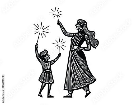 Mother and Child with Sparklers Celebrating in Vintage Engraved Style