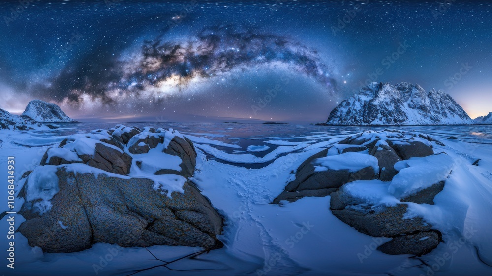 Naklejka premium Lofoten Winter: Arctic Splendor under the Milky Way