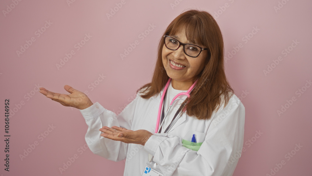 Mature hispanic female doctor smiling and presenting against an isolated pink background Mature hispanic female doctor smiling and presenting against an isolated pink background