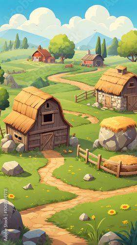 Farm and field, mobile game asset. Game environment set, hay day, stared valley style