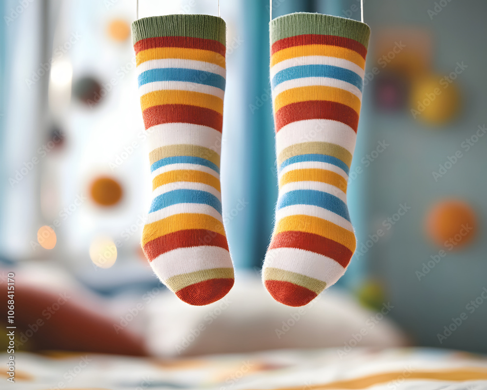 Colorful striped socks of a child hanging in the air above a cozy bed. Colorful striped socks of a child hanging in the air above a cozy bed.