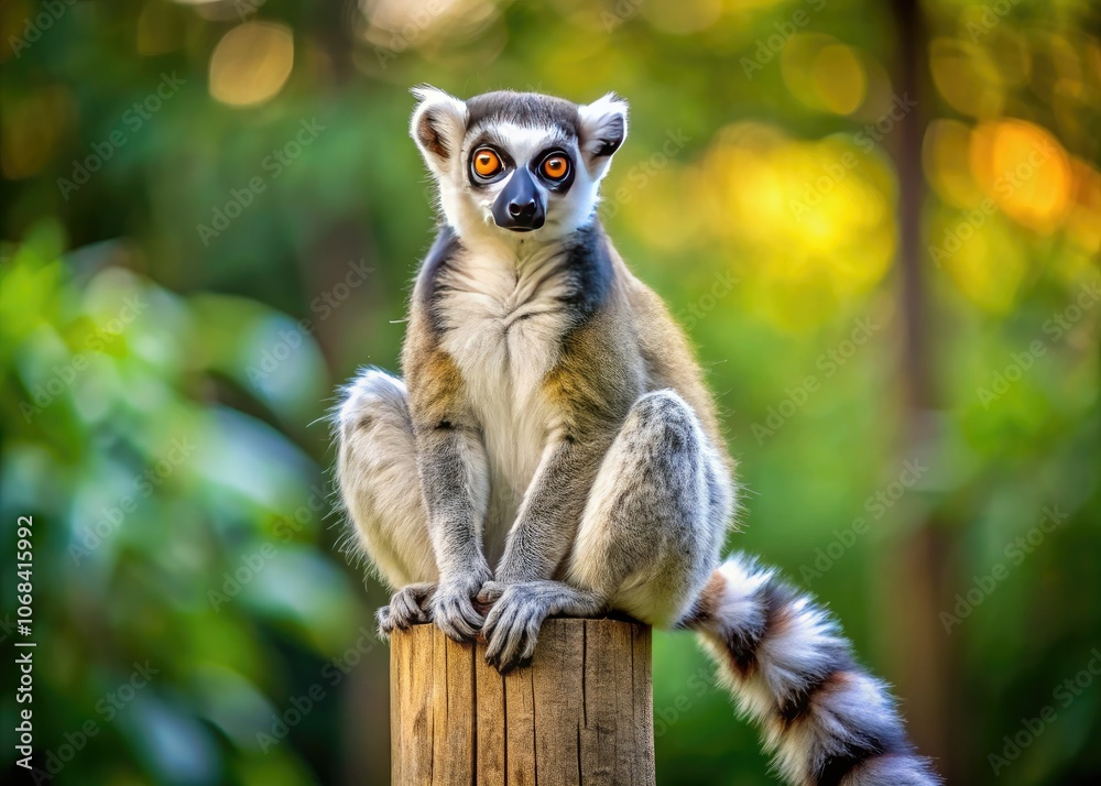 Obraz premium Lemur catta perched on a wooden post, capturing the essence of exotic wildlife. A perfect shot for nature enthusiasts to appreciate their beauty and charm.