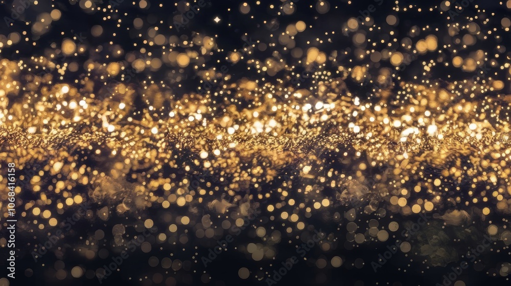 Naklejka premium Glorious gold bokeh flare light effect with sparkling particles on a black background