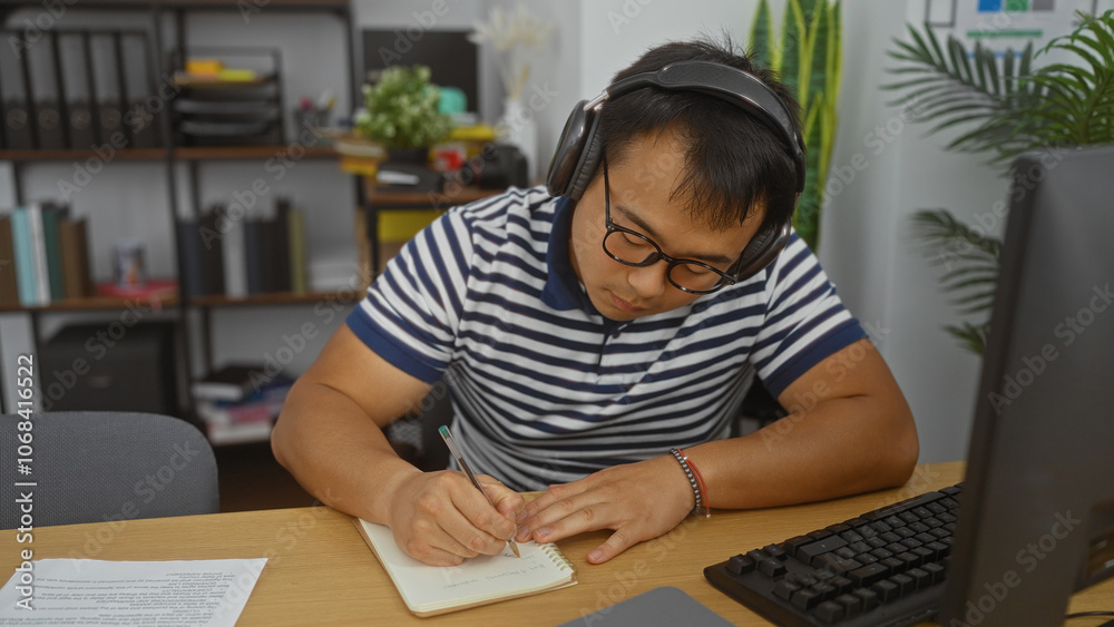 A young chinese man wearing headphones is writing in a notebook at his desk in an office environment. A young chinese man wearing headphones is writing in a notebook at his desk in an office environment.
