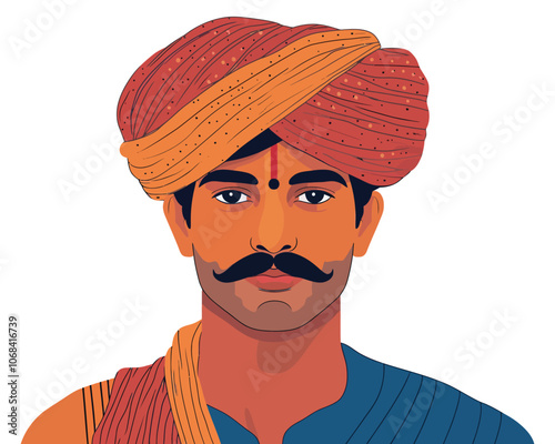 Flat Vector Portrait of Indian Man in Rajasthani Turban and Cultural Attire