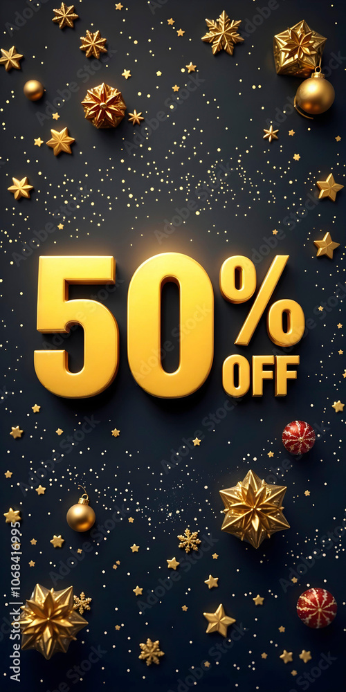 3d 50% off golden banner. Christmas sale. Inscription. Discount. Winter sale. New Year sale 3d 50% off golden banner. Christmas sale. Inscription. Discount. Winter sale. New Year sale