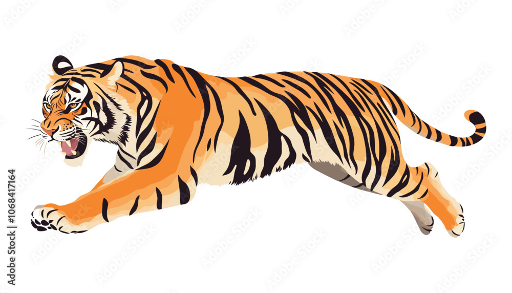 Obraz premium Dynamic Flat Vector Illustration of a Jumping Tiger in Bold Colors